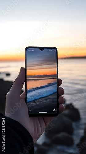 A hand holding a phone displaying a sunset over the ocean. photo