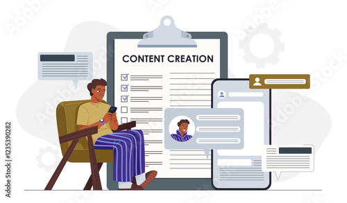Content creation man. Man with smartphone sitting near large clipboard. SMM specialist near content plan. Promotion in social networks and messengers. Flat vector illustration