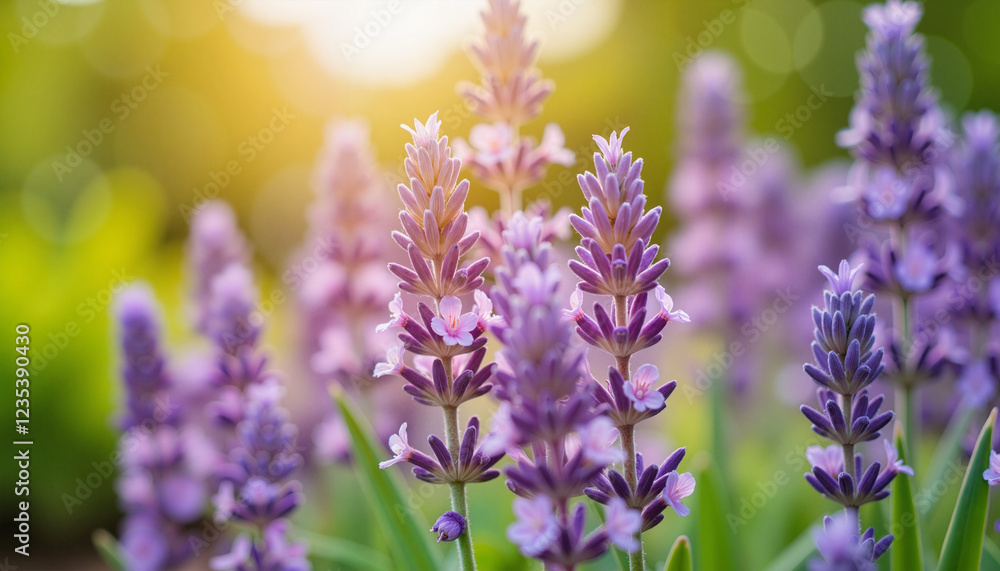 Fototapeta premium Lavender field in bloom under soft sunlight, relaxation and aromatherapy