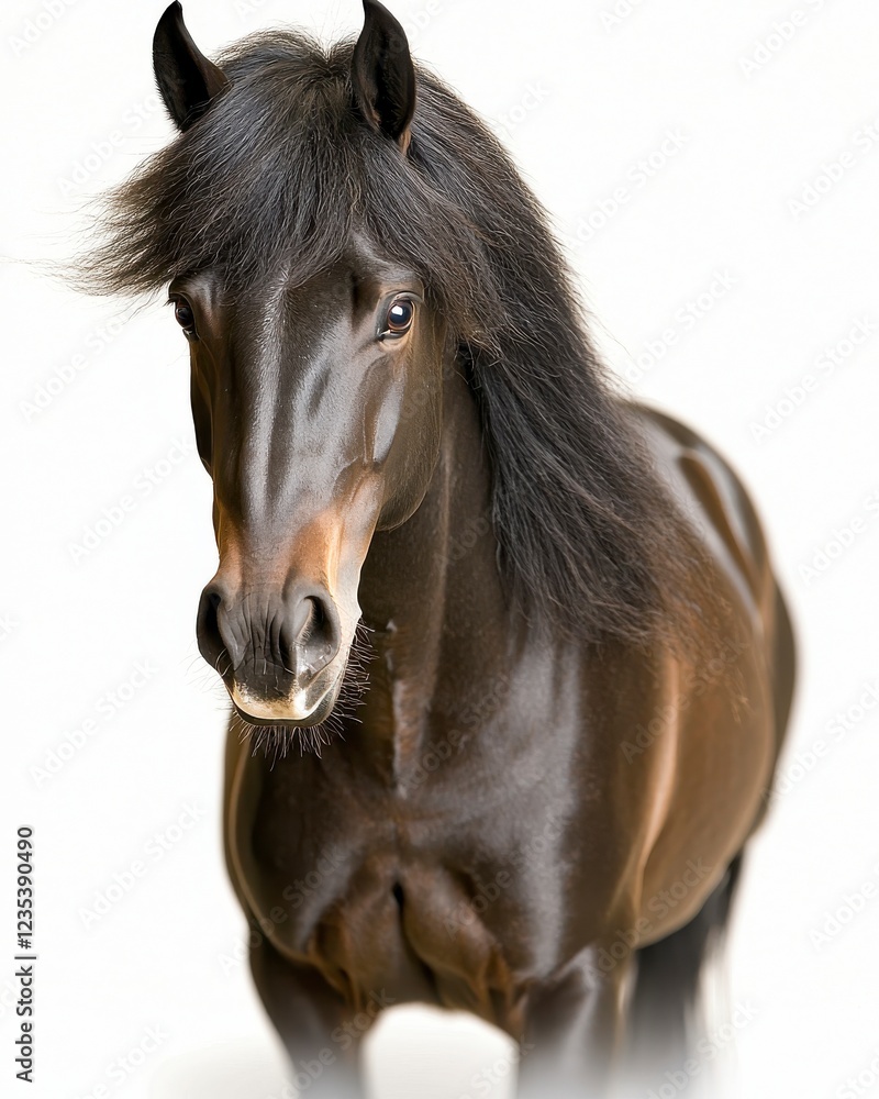 Obraz premium Majestic Black Horse with Glossy Coat and Flowing Mane Against Soft White Background