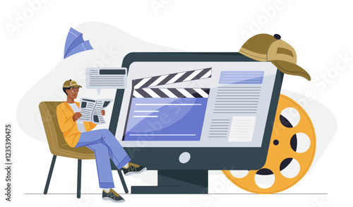 Film director online. Man sitting near computer screen and film reel. Filmmaking and film industry. Movies and TV series production. Director and screenwriter. Flat vector illustration