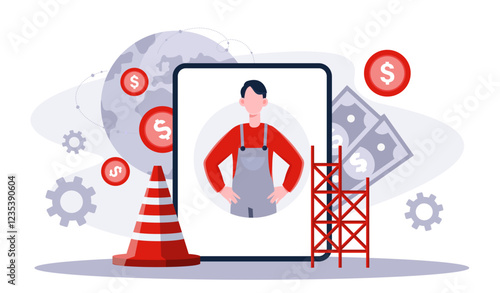 Fitter installer online. Man in uniform near large traffic cone and scaffolding. Renovation and repair, construction. Worker and handyman on internet. Flat vector illustration