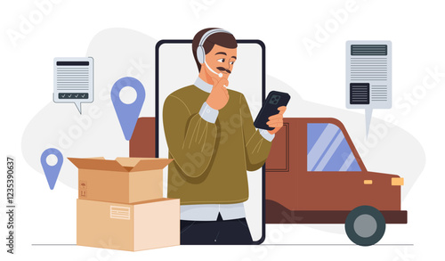 Online logistician man. Young guy with smartphone in headset answers calls. Organization of logistics and delivery, shipping and transportation. Import and export. Flat vector illustration