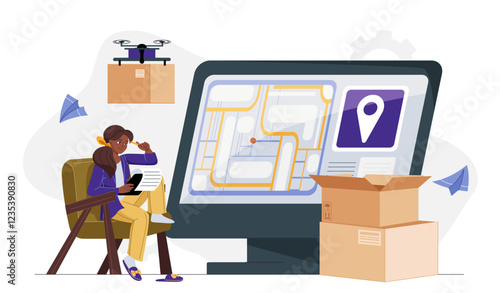 Global logistics woman. Young girl with smartphone near boxes, computer screen and drone. Logistics and transportation, shipping. Import and export. Flat vector illustration