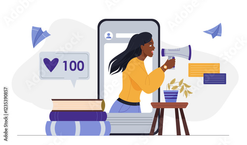 Social media marketer woman. Young girl with loudspeaker on smartphone screen. Promotion in social networks and messengers. Advertising and Marketing. Flat vector illustration