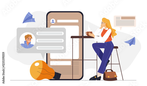 Content manager woman. Young girl sitting near smartphone and light bulb. SMM specialist maintains account on social networks. Blogger and content creator. Flat vector illustration