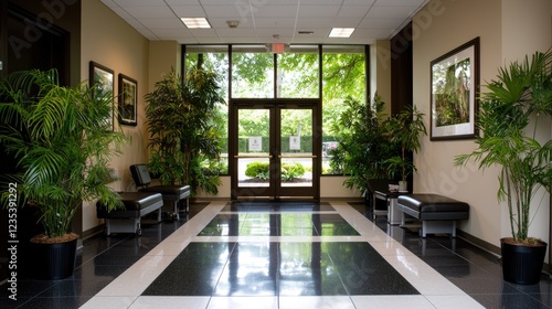 Office lobby with plants  exit doors  and outdoor view