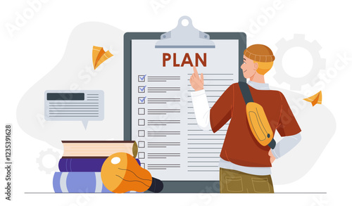 Manager with plan. Man check business plan. Organization of effective work process, time management. Scheduling and planning. Setting tasks and deadlines. Flat vector illustration