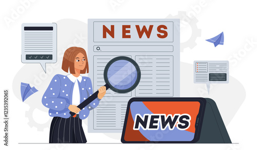 Woman read news. Young girl with magnifying glass near digital newspaper. Mass media and journalist. Information and knowledge. Person read articles on internet. Flat vector illustration