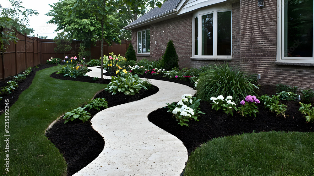 Winding garden path, landscaping, suburban home Winding garden path, landscaping, suburban home