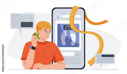 Nutritionist online concept. Man with apple near smartphone with weights. Healthy eating and proper nutrition. Balanced diet with vitamins. Young guy losing weight. Flat vector illustration