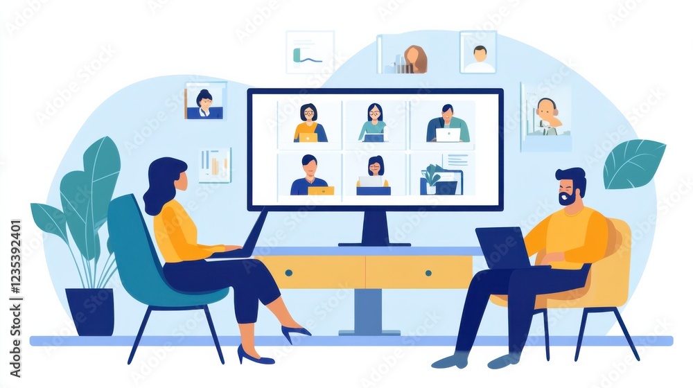 A remote worker participating in a virtual team-building exercise with colleagues worldwide, Virtual team-building scene, Social style A remote worker participating in a virtual team-building exercise with colleagues worldwide, Virtual team-building scene, Social style