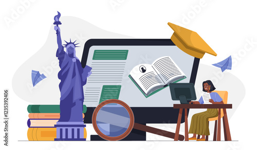 Woman studying history. Young girl with magnifying glass near stack of books and Statue of Liberty. Education and training on Internet. Online historian. Flat vector illustration