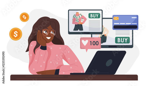 Online shopping woman. Young guy with laptop select clothes. Cashless transfers, payment and transactions on Internet. Purchasing goods with home delivery. Flat vector illustration