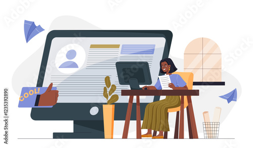 Personnel management concept. Woman at computer evaluates candidates resume for vacancy. Headhunting and recruitment, hiring and employment. Workers portfolio. Flat vector illustration
