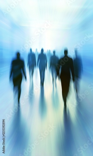 Blurred silhouettes of businesspeople running in bright corridor, conveying urgency and purpose