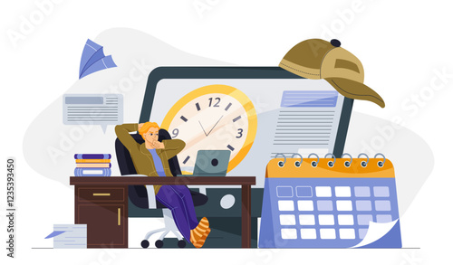 PR agent concept. Man sitting near calendar and clocks. Promoting company or organization on Internet. Advertising and marketing. Public relations specialist. Flat vector illustration