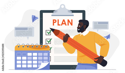 Project manager with pencil. Man puts tick in plan next to calendar. Planning and setting goals and deadlines. Time management and organization of efficient work process. Flat vector illustration