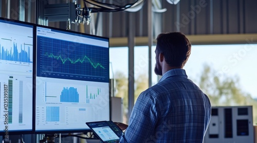 Wallpaper Mural A renewable energy consultant analyzing efficiency metrics of solar inverters at a solar energy facility, with inverters and data analytics screens visible, Solar inverter efficiency analysis scene Torontodigital.ca