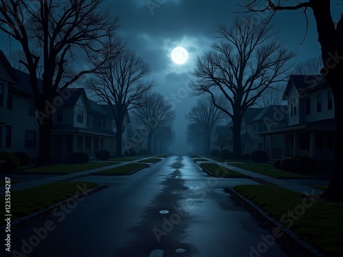 A serene, moonlit suburban street at night