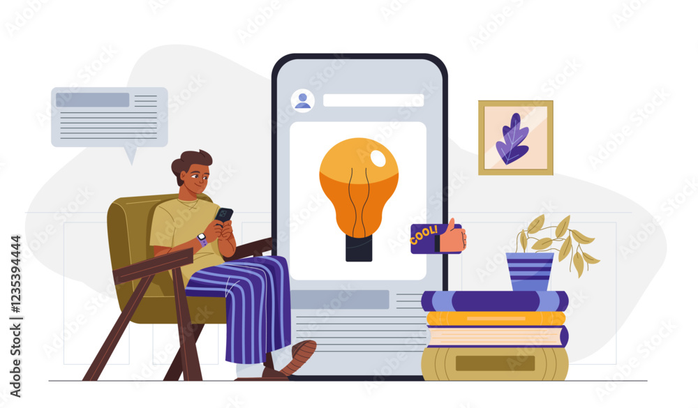 Man watch social media posts. Young guy looks into smartphone with light bulb. Popular and interesting content on social networks. Blogger and content creator. Flat vector illustration Man watch social media posts. Young guy looks into smartphone with light bulb. Popular and interesting content on social networks. Blogger and content creator. Flat vector illustration
