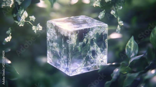 A Crystal Cube Suspended Among Lush Green Foliage