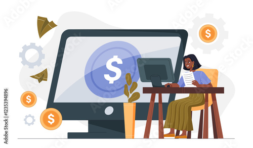 Stock market investing online. Woman sitting at computer with dollars. Investing and trading, economics. Financial literacy and passive income. Trader makes money on Internet. Flat vector illustration