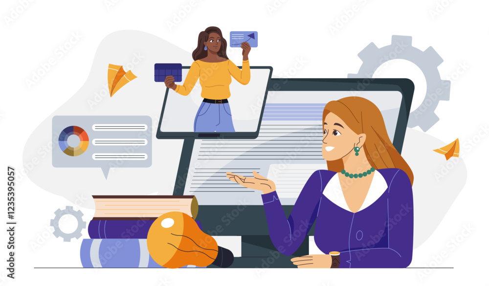 Task distribution concept. Woman organizes her work process online. Delegation of responsibilities, setting goals, objectives and deadlines. Business management. Flat vector illustration Task distribution concept. Woman organizes her work process online. Delegation of responsibilities, setting goals, objectives and deadlines. Business management. Flat vector illustration