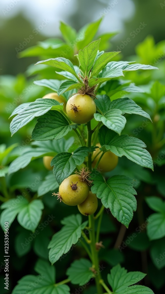 A small, yellow fruit with green leaves A small, yellow fruit with green leaves