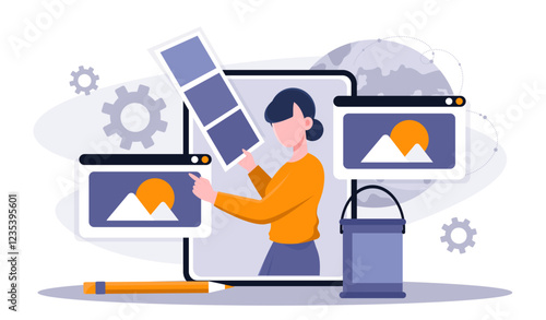 Wall decorating online. Woman with colors palettes and bucket with paintings. House room renovation, reconstruction or repair. Handyman on internet. Flat vector illustration