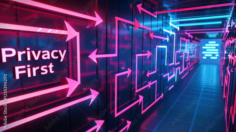 Server room with neon lights and privacy focus, showcasing technology Server room with neon lights and privacy focus, showcasing technology