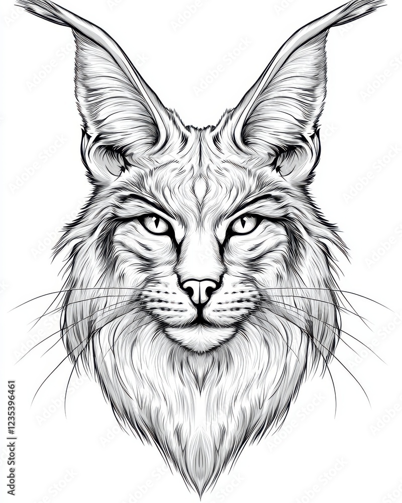 Obraz premium Majestic Lynx Illustration with Detailed Fur and Striking Features in Black and White Style