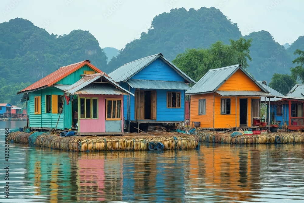 Colorful floating houses on calm water in a serene location surrounded by green mountains Colorful floating houses on calm water in a serene location surrounded by green mountains