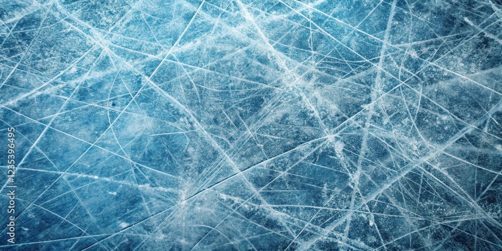 A close-up view of an abstract background featuring scratches on an ice hockey rink surface, with visible cracks and unevenness, giving a sense of wear and tear , ice hockey, icy texture