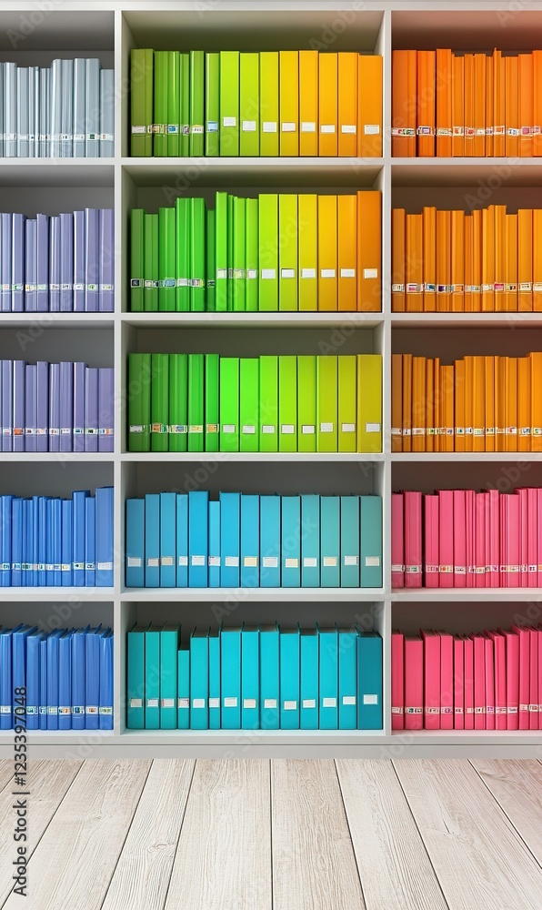 Colorful books arranged on shelves in a library, ideal for educational or knowledge backgrounds Colorful books arranged on shelves in a library, ideal for educational or knowledge backgrounds