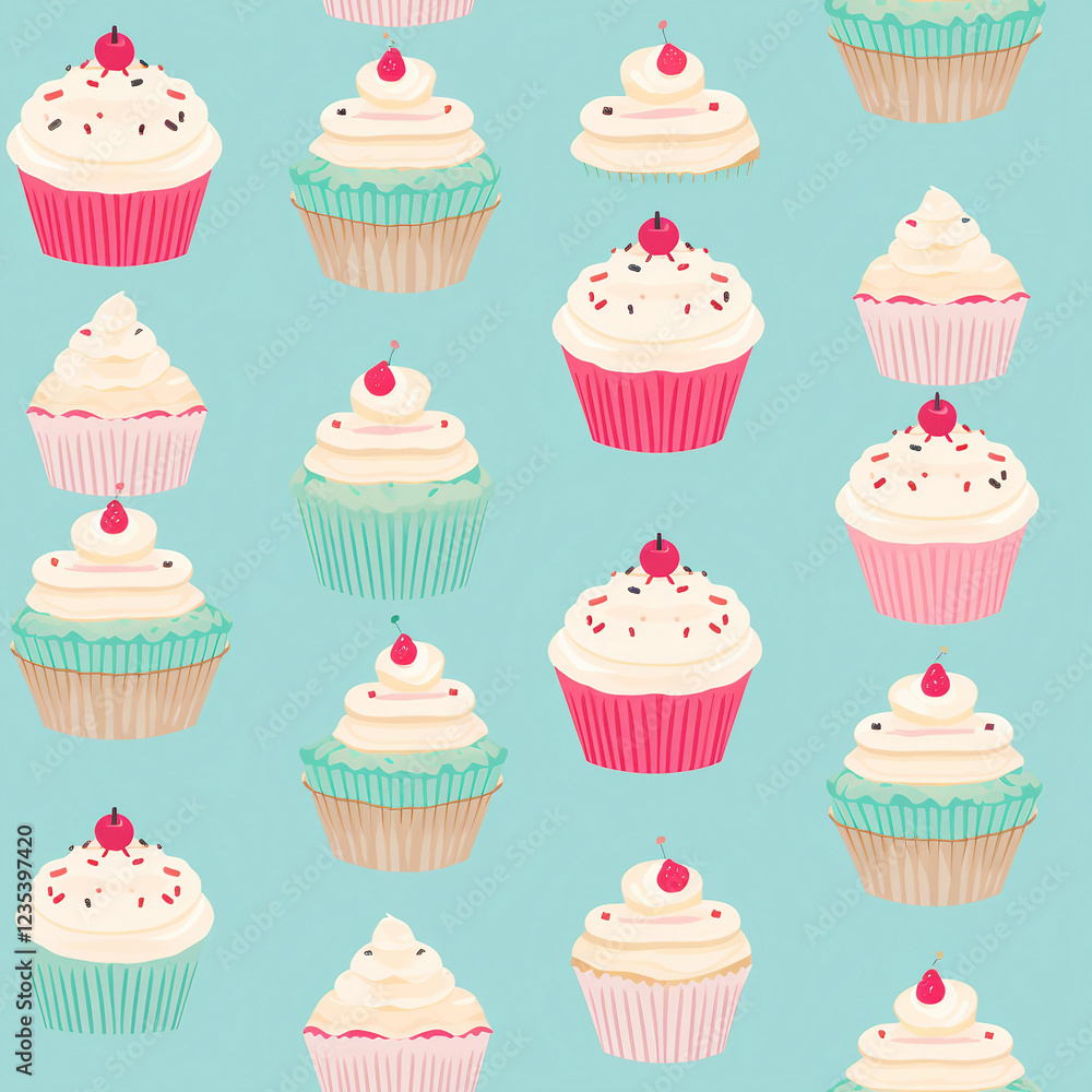 A blue background with a pattern of cupcakes with frosting and cherries on top A blue background with a pattern of cupcakes with frosting and cherries on top