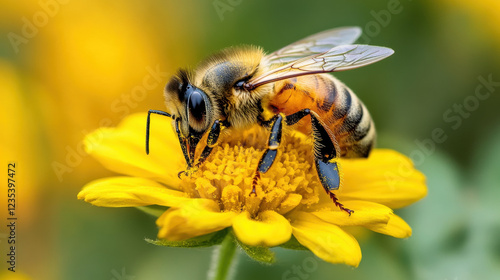 Adonis garden, A honeybee gathers pollen from an Adonis flower, showcasing nature's beauty and biodiversity in high fidelity. photo