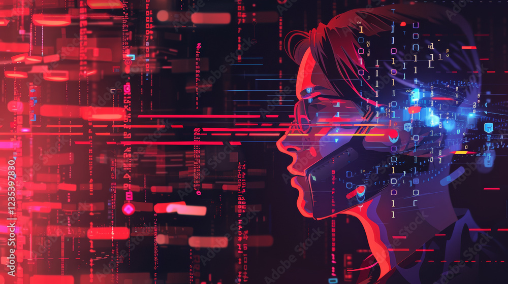 illustrated hacker wearing glasses, immersed in digital code and data illustrated hacker wearing glasses, immersed in digital code and data