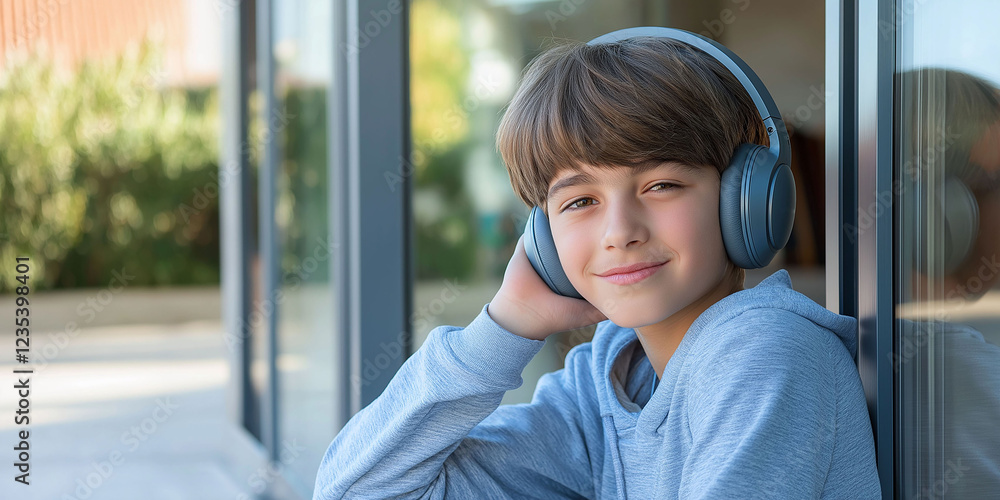 Latino teenager sitting outside his house with headphones Latino teenager sitting outside his house with headphones