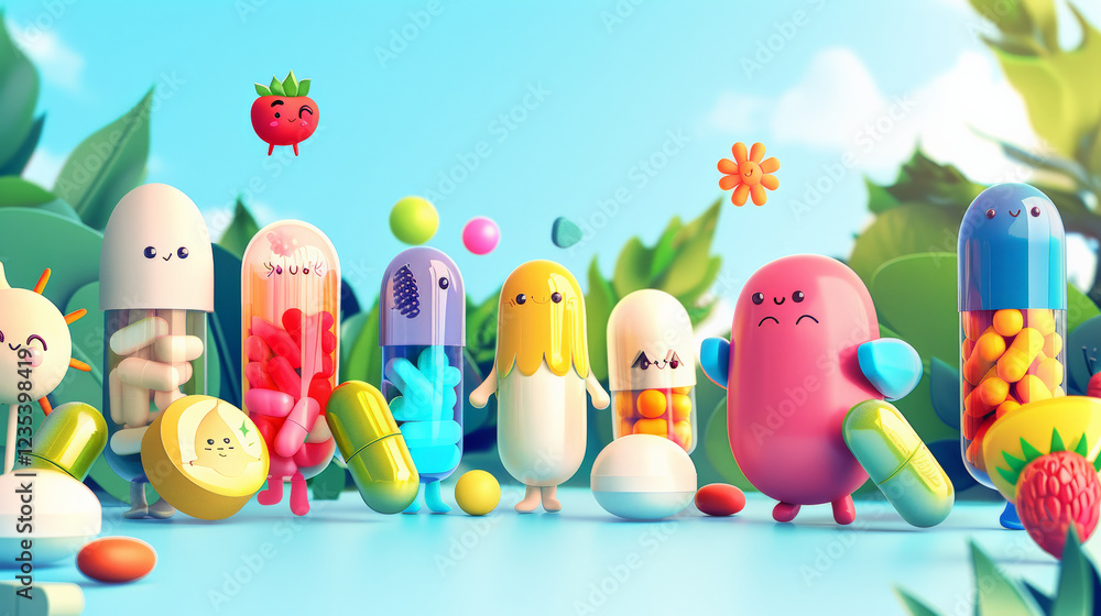 Obraz premium Cute cartoon characters representing various vitamins and supplements