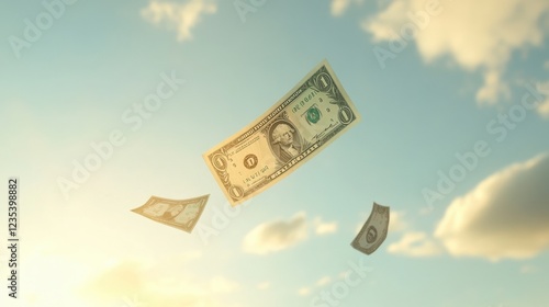 One Dollar Bill Floating in Sky with Soft Clouds and Blue Background photo