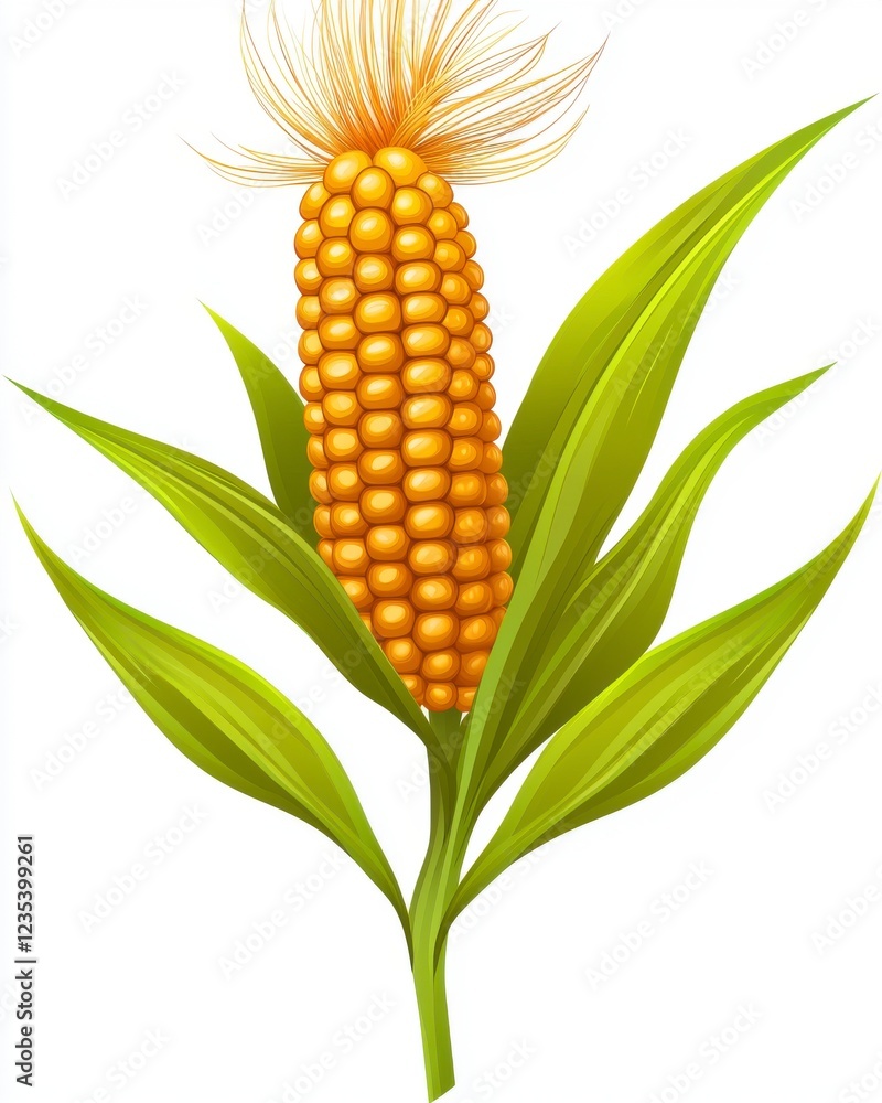 Obraz premium Bright Yellow Corn Cob with Green Leaves on a White Background for Agricultural and Food Illustrations