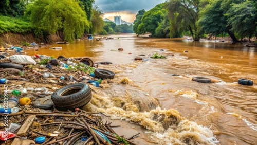 A river with murky brown water overflowing its banks due to heavy rainfall and littered with plastic debris such as old tires, fishing nets, and bottles, green degradation, pollution effects