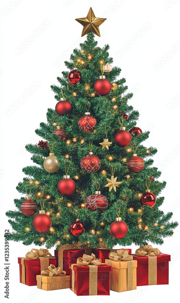 Decorated Christmas tree with red and gold ornaments and wrapped gifts on white background Decorated Christmas tree with red and gold ornaments and wrapped gifts on white background