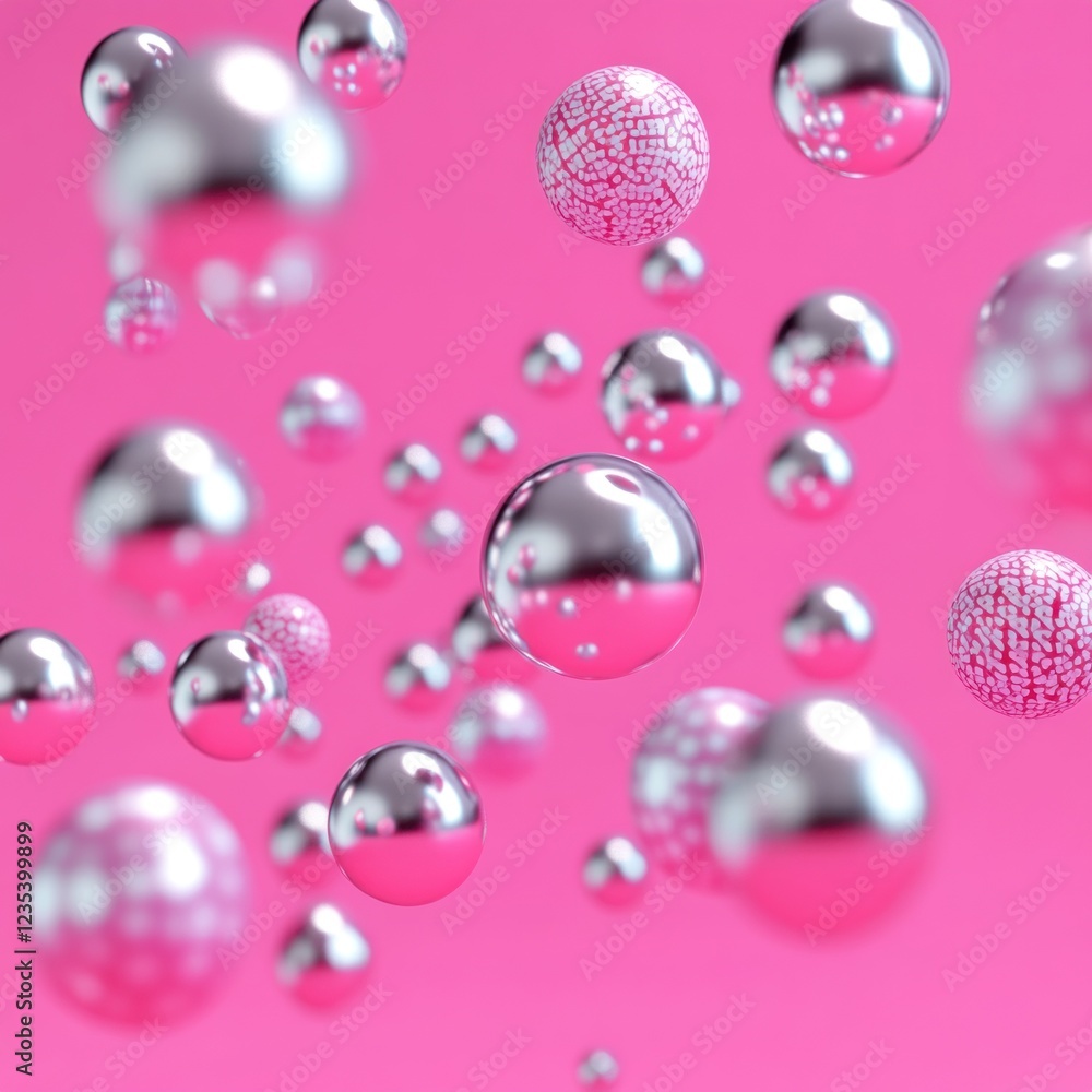 Abstract pink background with floating metallic and textured spheres. Abstract pink background with floating metallic and textured spheres.