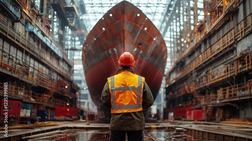 Worker in Safety Gear Observing Large Ship Under Construction Inside Shipyard with Industrial Environment in Background