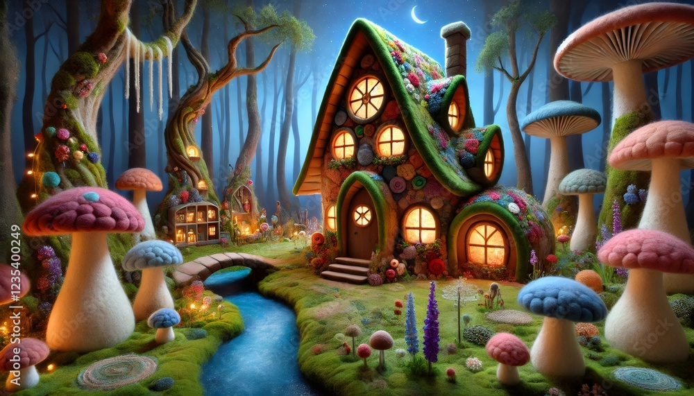 Naklejka premium Fairytale mushroom house glowing at night in an enchanted forest