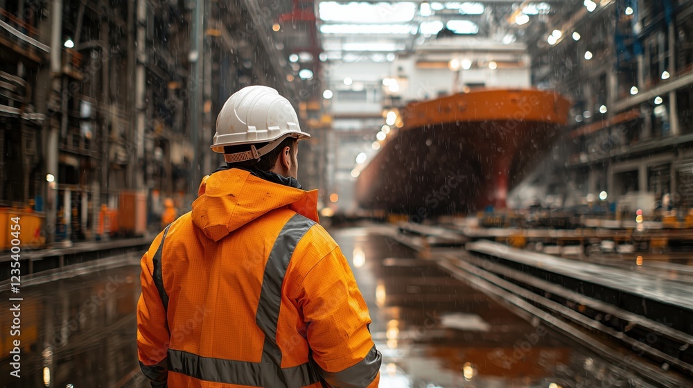 Construction worker in orange protective jacket watches large ship being built in spacious industrial shipyard surrounded by machinery and equipment Construction worker in orange protective jacket watches large ship being built in spacious industrial shipyard surrounded by machinery and equipment