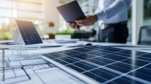 A renewable energy consultant presenting solar panel designs to clients in a modern office, with solar panel models and architectural blueprints visible, Renewable energy consultancy scene