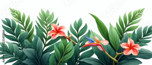 A tropical paradise, with lush greenery and vibrant flowers, evoking a sense of serenity and natural beauty